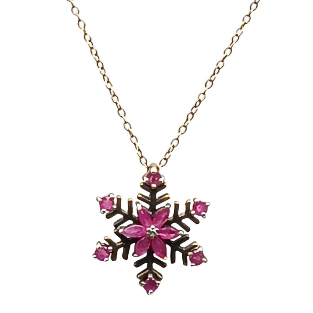 Vintage SA Vermeil Snowflake Pendant Necklace with Rubies and Floral Design Ster